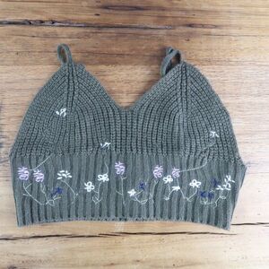 ROMWE GREEN FESTIVAL BOHO KNIT CROP TOP WITH FLORAL EMBROIDERY SIZE SMALL